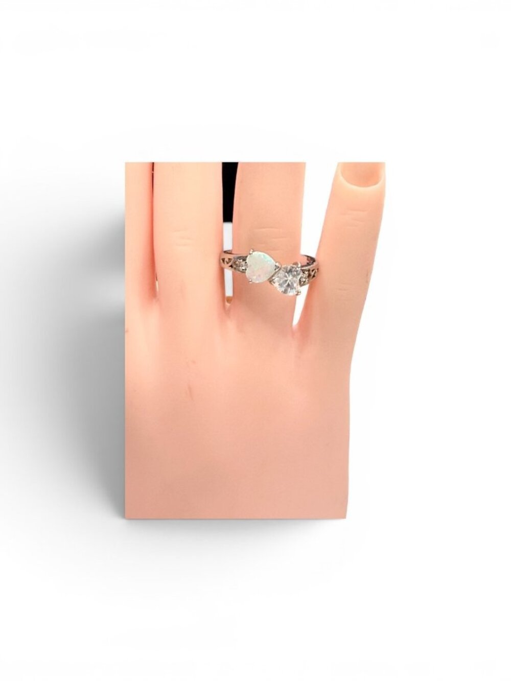 925 Sterling Silver Heart Ring opal & Clear rhinestone  Jewelry Size 8  2.5G